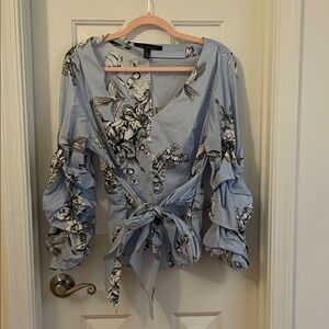 White House Black Market Floral Ruffle Wrap Blouse - Light Blue